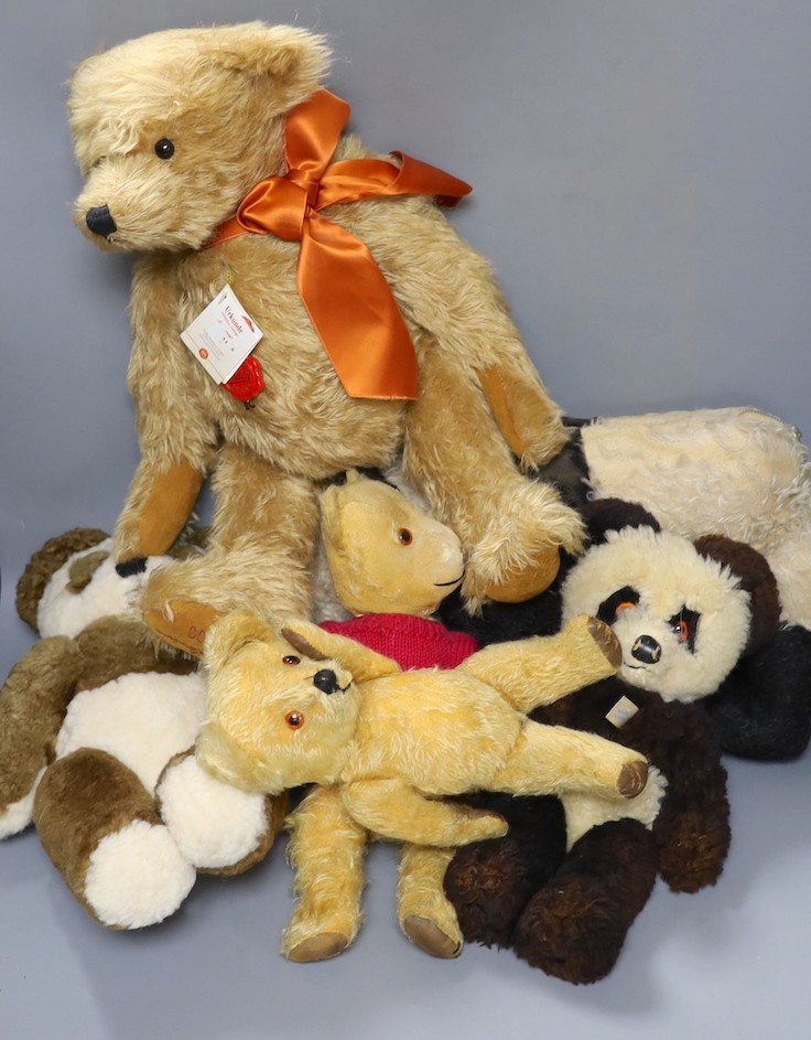 Two British teddy Bears, two Steiff Bears, one Panda Nightdress case and modern Herman limited edition